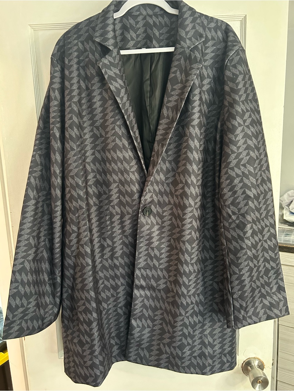 Men's Patterned Gray Overcoat Jacket - Classic Single-Button - Picture 1 of 4